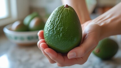 Close-up of a hand gently holding a ripe, unblemished avocado. Smooth skin and firm texture highlight freshness, with softly blurred avocados in a bowl in the background.