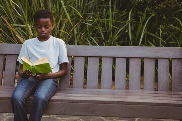 African American boy sitting on wooden bench in garden, reading bright green book, copy space