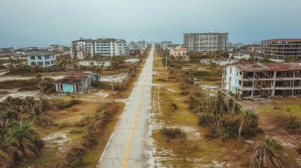 Fototapeta premium Coastal town after repeated storms destroy infrastructure, background wallpaper AI generated image