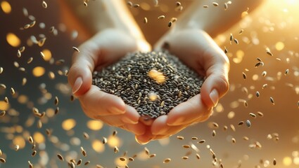 Close-up of glowing chia seeds floating in mid-air, symbolizing their mood-enhancing power. A warm, golden blurred background adds a magical and uplifting atmosphere.