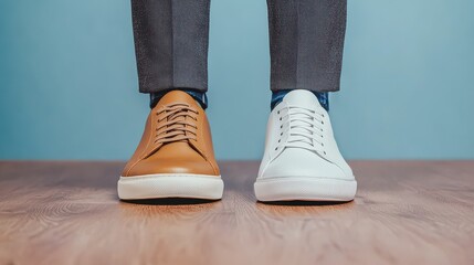 Person wearing mismatched brown and white sneakers, standing indoors on a wooden floor with blue background.