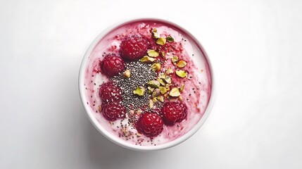 Minimalist Greek yogurt bowl with berries, chia seeds, and crushed pistachios