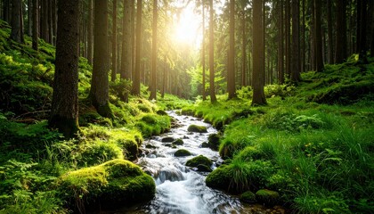 Obraz premium Clear Stream Winding Through a Sunlit Forest
