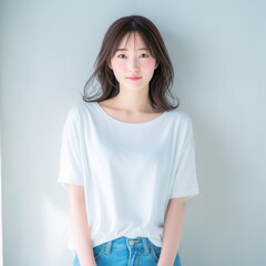 女性が着た白Tシャツのモックイメージ