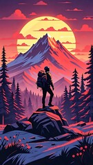 Hiker Silhouette with a Backpack Standing on a Rock Facing a Huge Mountain at a Vivid Sunset or Moonrise,4k