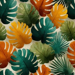 Seamless pattern featuring vibrant tropical leaves in shades of green, orange, and teal, creating a lively and fresh botanical design for various creative projects