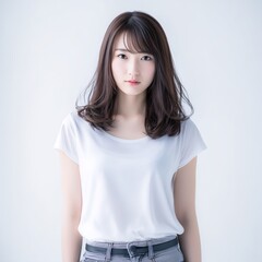 女性が着た白Tシャツのモックイメージ