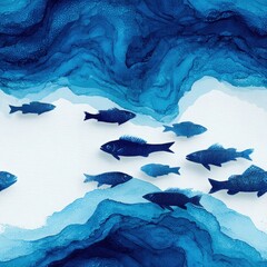 Seamless pattern featuring abstract blue waves and fish illustrations, showcasing fluid movement and vibrant aquatic life in a harmonious design for creative projects