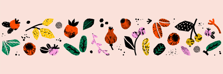 Obraz premium Autumn horizontal banner with grunge texture. Thanksgiving and Harvest Day. Border with cutout collage element. Vector illustration.