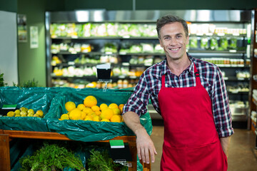Middle-aged man in apron leaning on bin at supermarket produce aisle showing lemons with price sign
