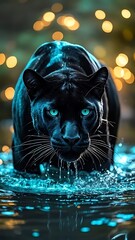 Majestic Black Panther Crouching in Water with Glowing Blue Eyes and Bokeh Background, 4k 