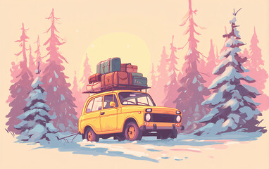 yellow off-road car with luggage on snowy forest road at sunset, illustration, ideal for winter vacation ads, greeting cards, or adventure travel illustrations