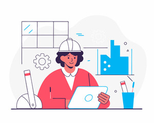 A focused engineer designs a bridge, her face sharp with determination. A sleek, professional design.