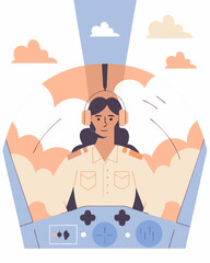 A fearless female pilot soars over clouds at sunset, embodying courage. A dramatic, adventurous design.