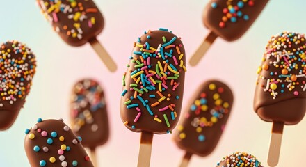 Delicious chocolate-covered ice cream bars adorned with colorful sprinkles float joyfully together.