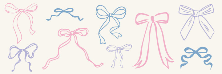 Set of various pastel line bows, gift ribbons. Bowknots hand drawn, flat style. Fashionable vector illustration. Hair accessories. Bow knots for gift wrapping. Gift bows, Celebration, party