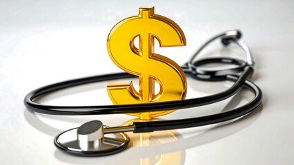 Healthcare finance concept with golden dollar symbol and stethoscope representing medical costs