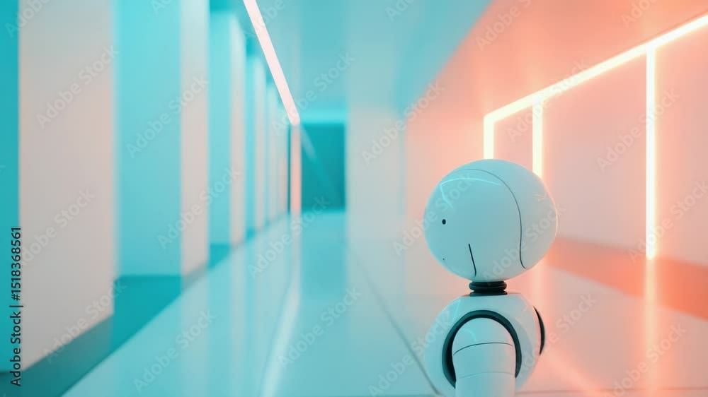 Poster a robot sits on the floor in a hallway