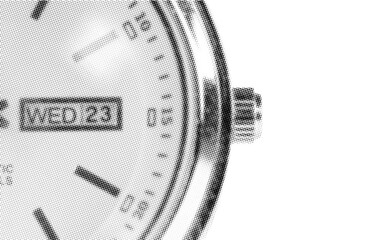 close up of dial day-date on watch pixelate grayscale color halftone dotted texture style collage element