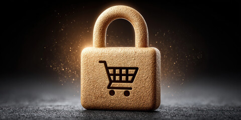 Padlock with cart icon symbolizing secure online shopping and safe e commerce transactions in glowing dark setting