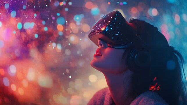 Immersive VR Experience: Woman in Virtual Reality Headset