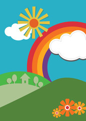 Fototapeta premium rainbow and clouds background. Paper pastel colored rainbow. Vector art and illustration