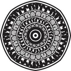 Detailed and symmetrical mandala artwork featuring intricate geometric patterns and ornamental elements. This decorative design is perfect for use in meditation visuals, coloring books, textile prints