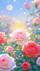 Dreamy Pink and Red Roses Blooming in a Magical Garden with Sparkling Light and Sun Flare, 4k