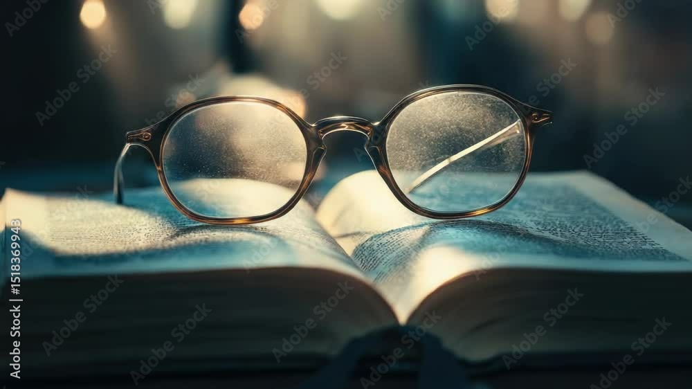 Poster a pair of glasses resting on an open book