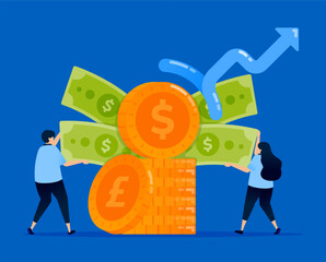 Illustration of people withdrawing money from piles of investment funds with rising rates, designed for investment platforms, financial blogs, and banking services