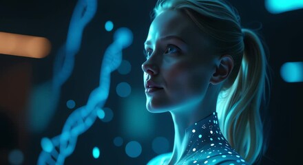 woman futuristic suit looking dna strand background slightly blurred woman appears doctor - Powered by Adobe