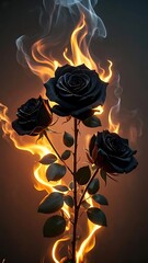 Three Black Roses Engulfed in Fiery Flames and Dramatic Smoke on a Dark Background, 4k