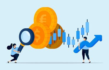 Illustration of floating candlesticks and magnifying glass searching for coin money, symbolizing currency analysis for stocks and investments with increasing returns. Can be used for trader platforms