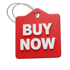 Red tag with buy now text isolated on transparent background