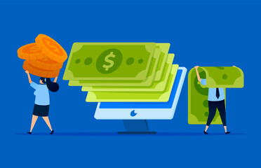Illustration of monitors displaying piles of green paper money, financial and accounting software developed by fintech companies. Can be used for software websites, finance apps, and fintech