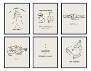  Christian Line Symbols Sketch Posters, Religion Hand Drawn Art, Biblical symbols doodle, Wall decor