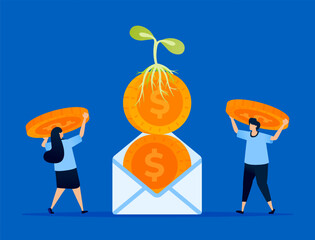 Illustration of letters containing money overgrown with plant, representing investment growth notifications in the financial sector. Can be used for fintech apps, financial newsletters, and investment