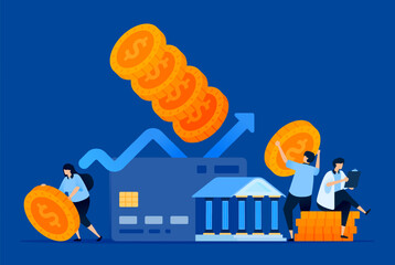 Illustration of financial transaction growth using credit cards, with upward arrows on statistics and piles of money. Can be used for payment apps, banking services, and investment reports.
