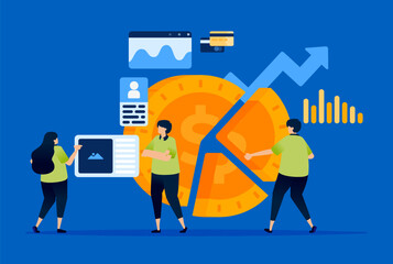Illustration of statistical analysis and pie chart showing profit sharing in financial investments within the money market. Can be used for finance websites, market reports, and investor education.