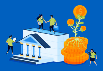 Illustration of a bank building with piles of money growing plants and flowers, symbolizing investment growth. Suitable for finance websites, banking apps, and eco-friendly campaigns.