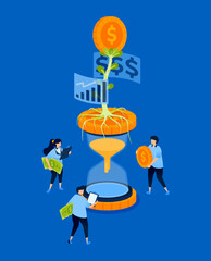 Illustration of an hourglass with a plant bearing money flowers, symbolizing long-term investment analysis, designed for investment apps, finance blogs, and wealth management platforms