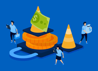 Illustration depicting financial maintenance with warning cones on piles of money, great for risk management tools, finance blogs, investor alerts, and banking cautionary messages.