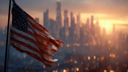 American flag over cityscape sunset