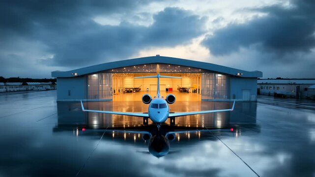 Private Jet Reflected on Wet Tarmac in Front of Luxury Hangar