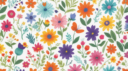 A vibrant seamless floral pattern with hand-drawn colorful flowers, green leaves and butterflies on a white background
