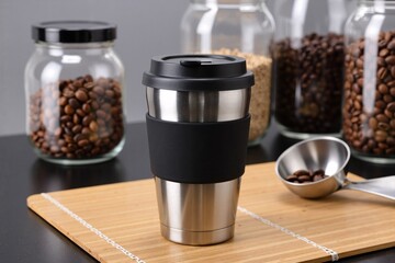 stainless steel reusable coffee travel mug stands ready for a hot beverage, with fresh roasted coffee beans in glass jars in the background, promoting sustainability, zero waste