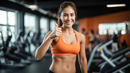 Fototapeta premium A young woman in sportswear smiles and gives a thumbs-up in a modern gym filled with exercise equipment.