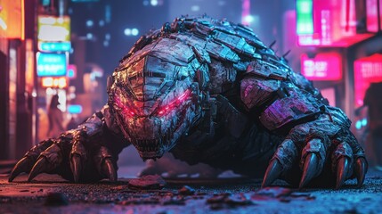 A reptilian cyborg monster with large cybernetic jaws, and sharp claws, roams the city, background wallpaper AI generated image