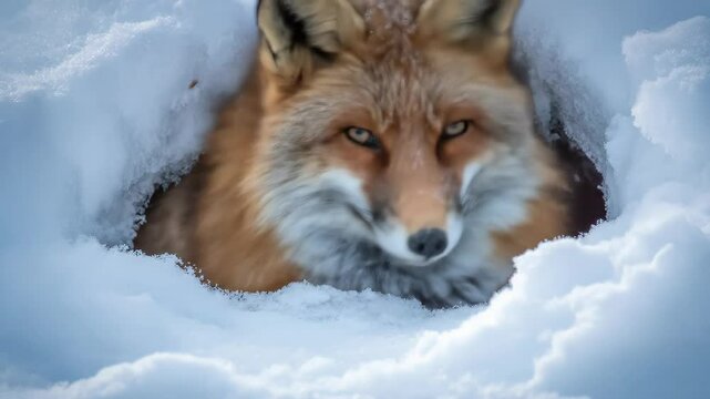 Red fox emerging from snowy den cold winter animal wildlife survival portrait