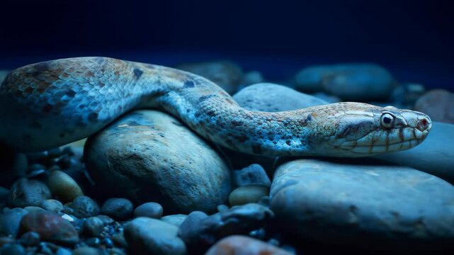 A large serpent rests among smooth rocks in deep shadowy waters its scales speckled